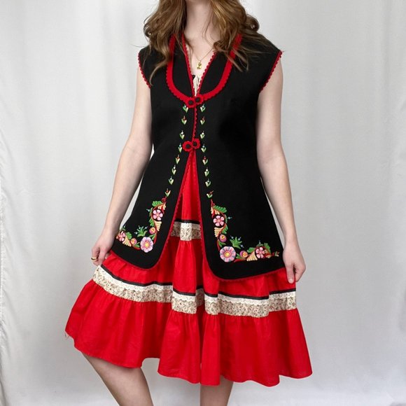 Vintage Cottagecore Tiered Floral Lace Milkmaid Alps German Peasant Midi Dress - Picture 3 of 11